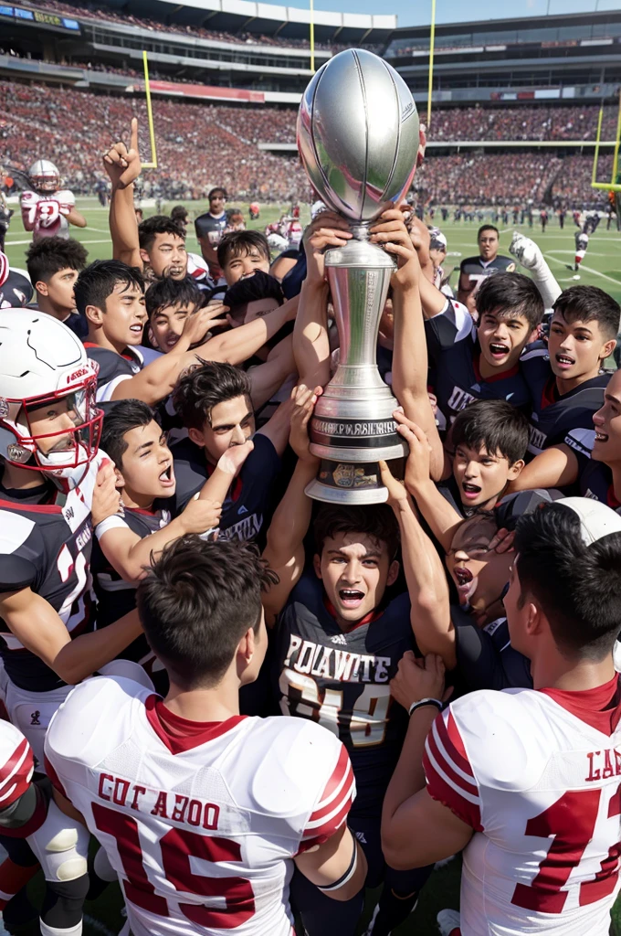 Football team raising football trophy