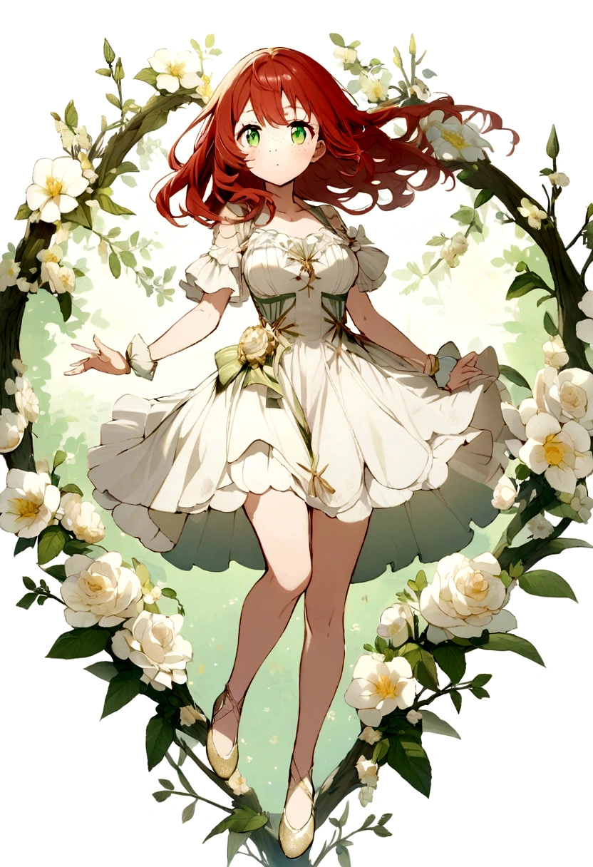 character, anime girl, white with freckles on the body. green eyes. redhead, groomed hair. Pasted date dress with brown and cream colors, degraded. Brilliants. whole body. 