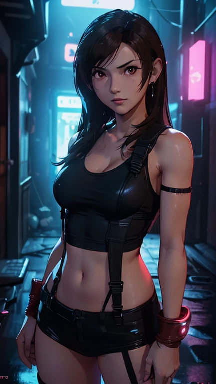 best quality,masterpiece,1girl,solo,(((13years old))),japanese girl,an extremely cute and beautiful girl,highly detailed beautiful face and eyes,petit,cute face,lovely face,baby face,shy smile,show teeth, Dark brown hair, long hair,flat chest,skinny,slender,no bra,no Panties, Hairless vagina,(((wearing a sexy revealing Tifa Lockhart costume))),(((standing in Dark Midnight Neon Glow light Resident Evil Mansion))),she is looking at the viewer,