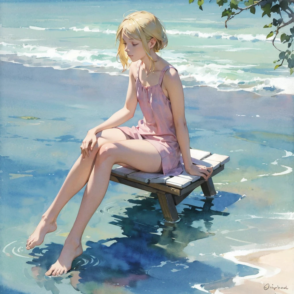 Tranquil voyager girl, in watercolor style, Photorealism, discreet pink and mint shades, barefoot, blonde hair, nudity