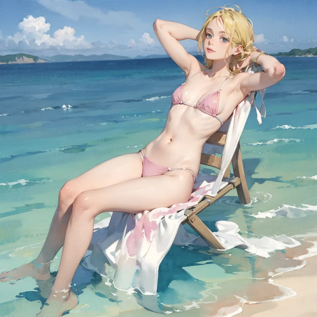 Tranquil voyager girl, in watercolor style, Photorealism, discreet pink and mint shades, barefoot, blonde hair