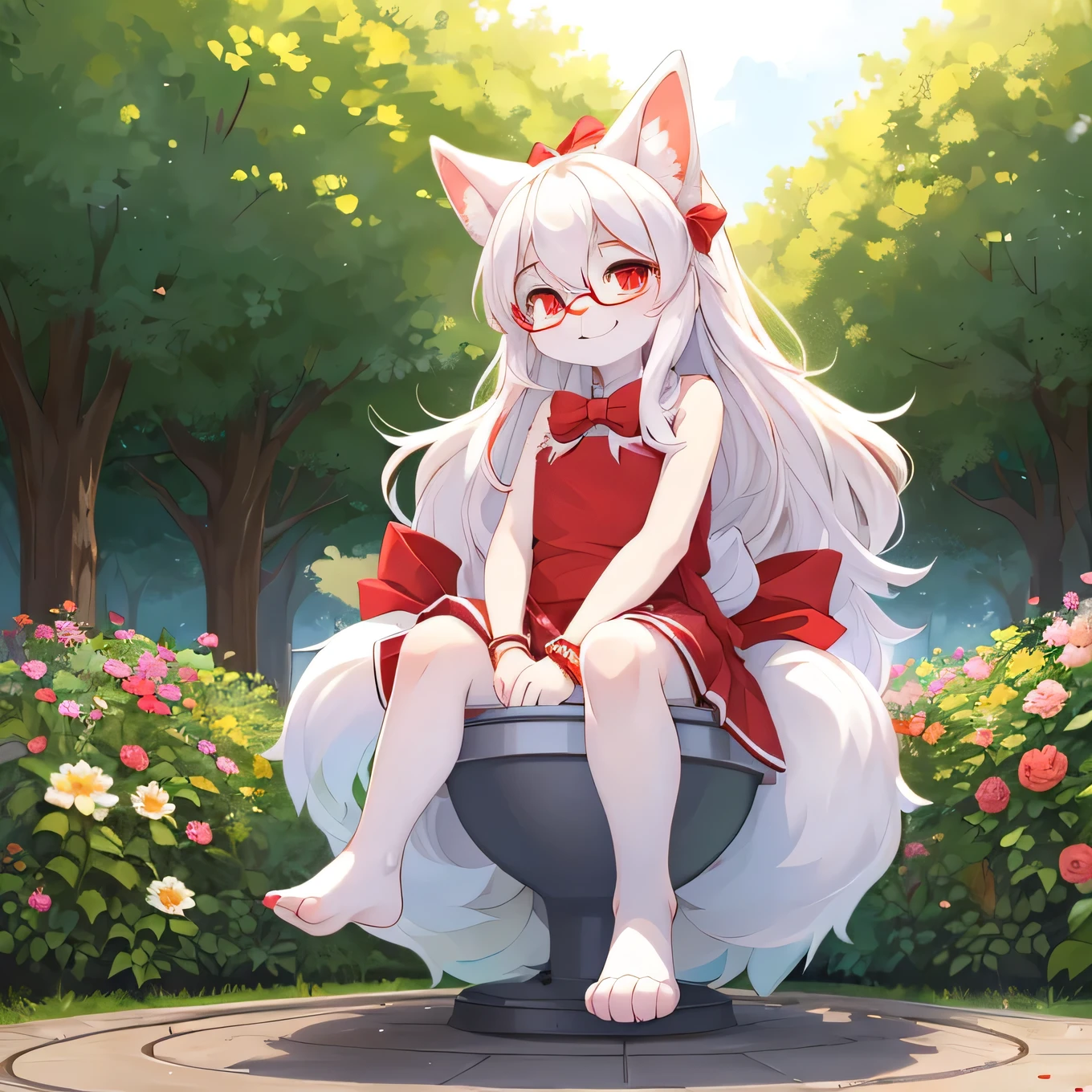 best quality,Optimal resolution,(Fluffy anthropomorphic furry :1.6),(young :1.6),White Rabbit Girl,Small Breasts,Red Eyes,Sparkling eyes,White long hair,White rabbit with long ears,White rabbit tail,Red ribbon bow tie,Glasses,Red ribbon hairpin,Red bracelet with ribbon,Pink cute ruffle dress,With a bow,No shoulder,sleeveless,white sunbeams,outdoor,Looking at the audience,Smiley Face,Smile,Heavy breathing,Full flush,Public toilet in the big garden,Sit-on toilet,Sitting on the toilet