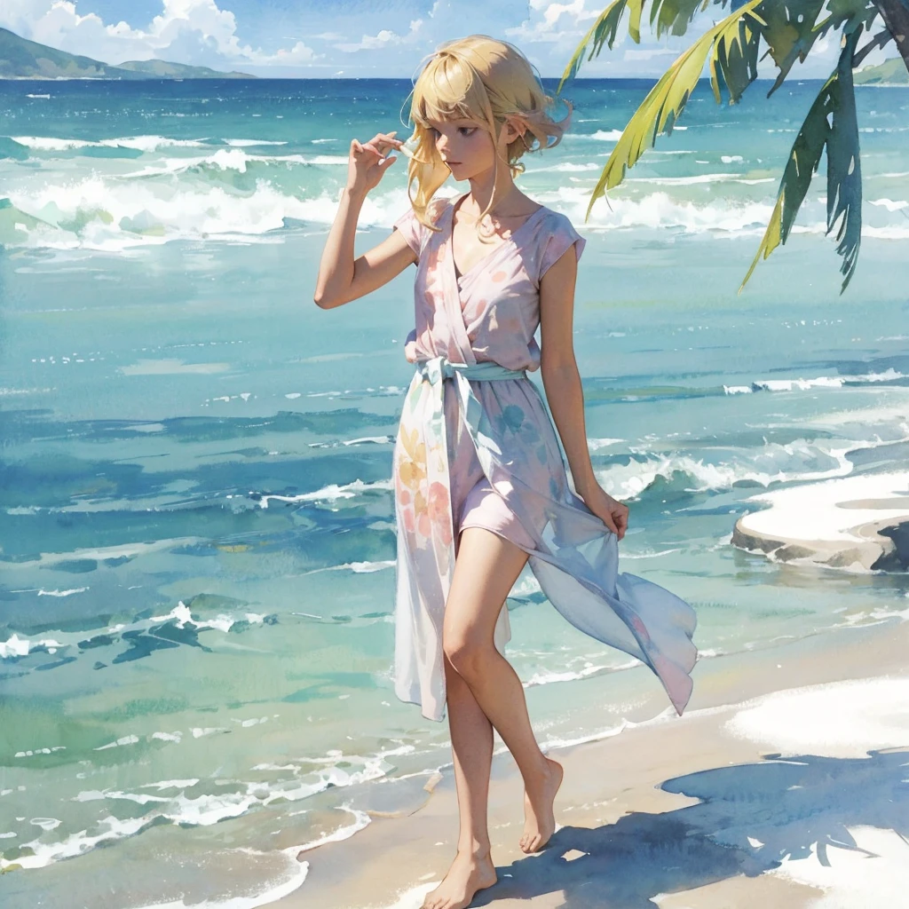 Tranquil voyager girl, in watercolor style, Photorealism, discreet pink and mint shades, barefoot, blonde hair