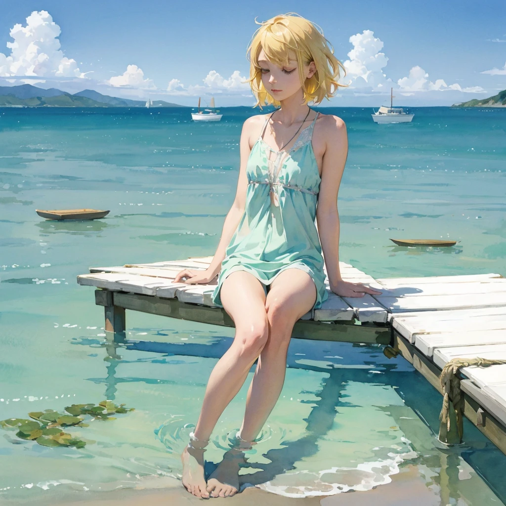 Tranquil voyager girl, in watercolor style, Photorealism, discreet pink and mint shades, barefoot, blonde hair
