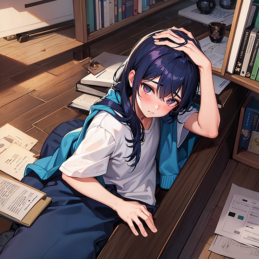 adolescent male, dark blue hair blushing while nervous with books in hand at a school