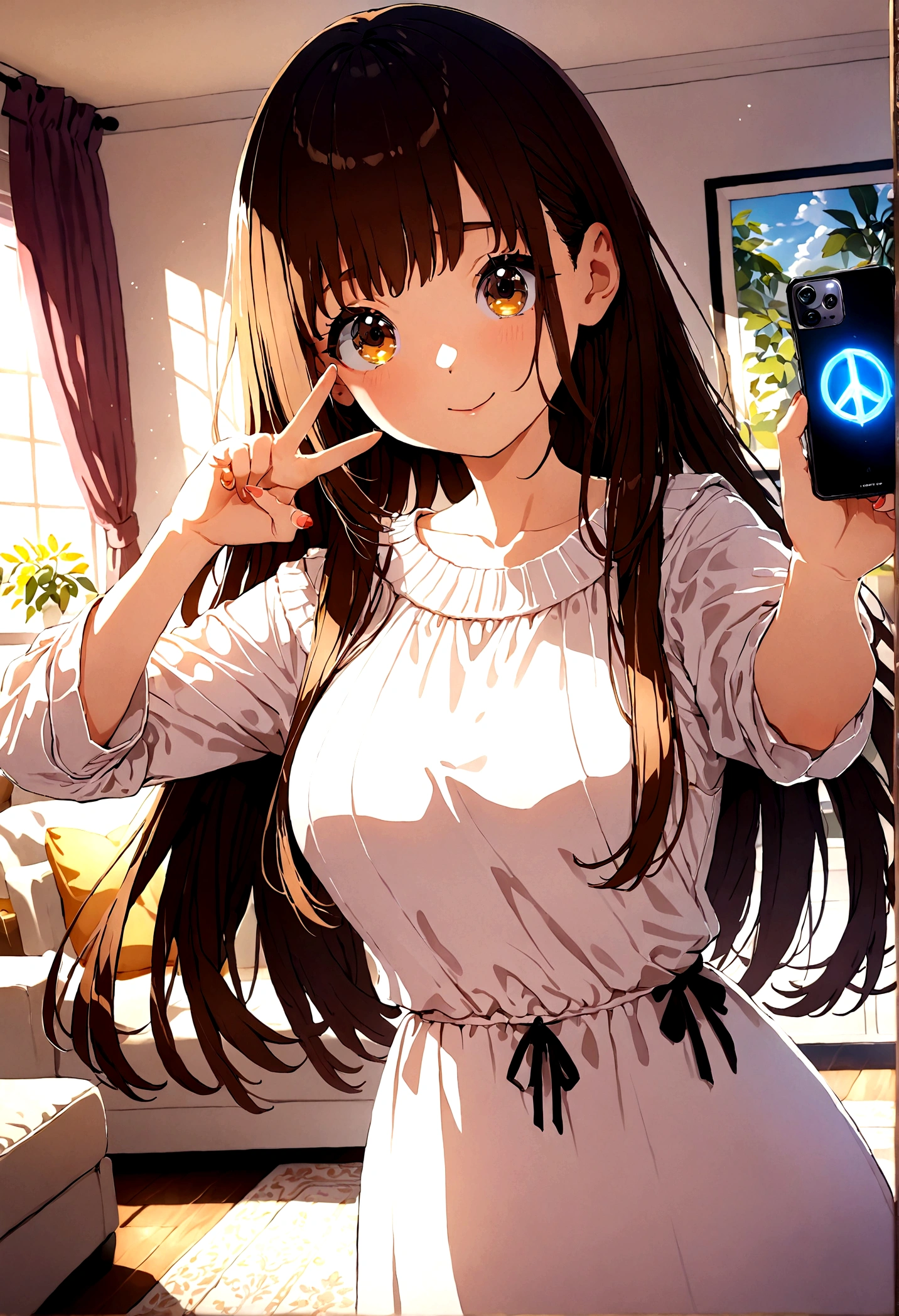 ((1girl)), super fine illustration, vibrant colors, absurdres extremely detailed CG, 8k wallpaper, (masterpiece:1.3), dynamic angle, dynamic pose,
best quality, depth of field, cinematic lighting, ultra detailed, brown long hair, very straight hair, large breast, white knit dress , 20yo, cute, very , brown eyes, kawaii, smile, droopy eyes, arms at sides, smartphone, modern living room, peace fingers, The screen of the smartphone in his hand is facing towards me