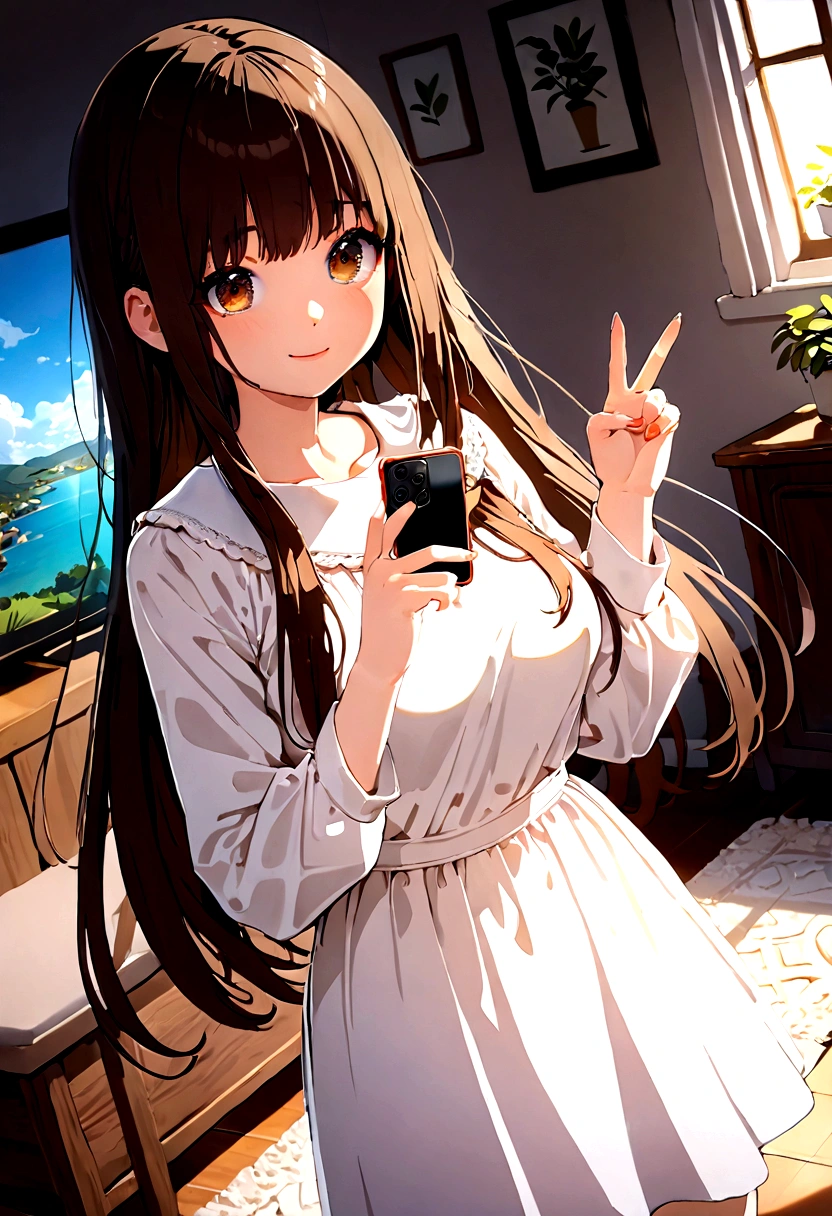 ((1girl)), super fine illustration, vibrant colors, absurdres extremely detailed CG, 8k wallpaper, (masterpiece:1.3), dynamic angle, dynamic pose,
best quality, depth of field, cinematic lighting, ultra detailed, brown long hair, very straight hair, large breast, white knit dress , 20yo, cute, very baby face, brown eyes, kawaii, smile, droopy eyes, arms at sides, smartphone, modern living room, peace fingers, The screen of the smartphone in his hand is facing towards me