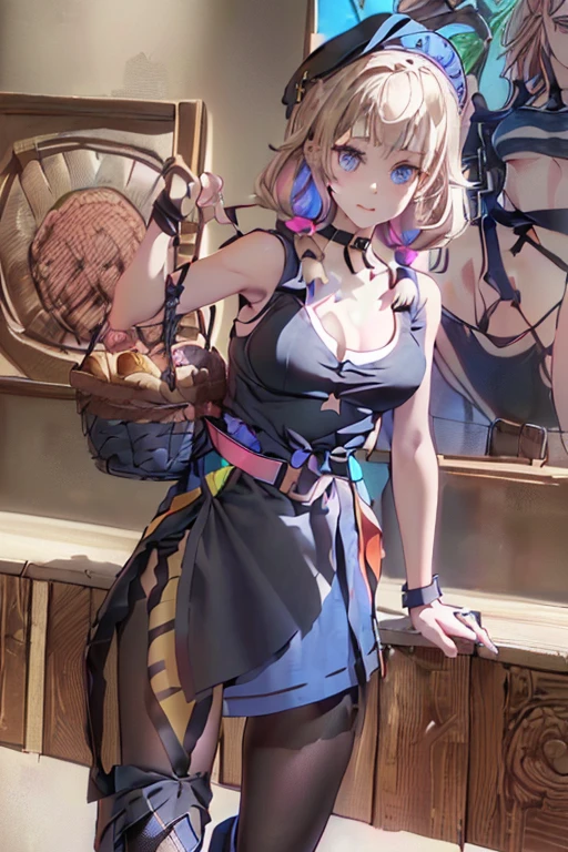 (perky chest:1.2), (pointed chest:1.2),(((Black Tunic:1.3))),(((cakes and bread in the basket),Cute and beautiful girl,masterpiece、highest quality、Very detailed、Beautiful fine details、One Girl、Detailed landscape、Training gym Room Background:1.4、Braided Ponytail、Red camisole、((B cup breasts, Tank top showing underboob:1.3)), black jacket, thigh strap, bangs, necktie, earrings, nail polish, fishnet pantyhose, multicolored hair, looking at viewer, full body, bottle, own hands together, belt, food, animal on head, black necktie, ring, choker, english text paper:1.2, collared shirt, blue eyes, platform boots, hat,lace-up boots ,
