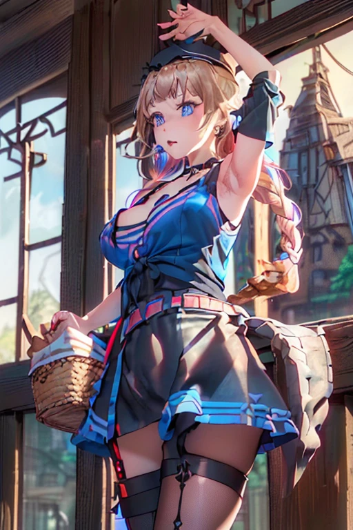 (perky chest:1.2), (pointed chest:1.2),(((Black Tunic:1.3))),(((cakes and bread in the basket),Cute and beautiful girl,masterpiece、highest quality、Very detailed、Beautiful fine details、One Girl、Detailed landscape、Training gym Room Background:1.4、Braided Ponytail、Red camisole、((B cup breasts, Tank top showing underboob:1.3)), black jacket, thigh strap, bangs, necktie, earrings, nail polish, fishnet pantyhose, multicolored hair, looking at viewer, full body, bottle, own hands together, belt, food, animal on head, black necktie, ring, choker, english text paper:1.2, collared shirt, blue eyes, platform boots, hat,lace-up boots ,
