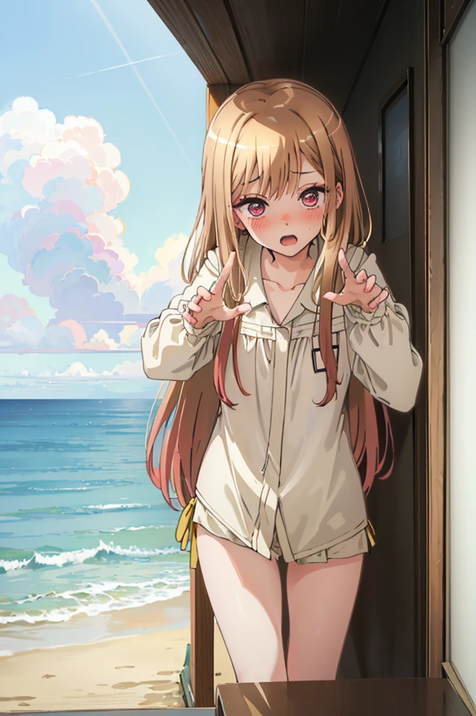 Light brown hair、bikini姿、エッチbikini姿、Random pose、bikini、Light brown hair、Semi-long hair、Pale red eyes、Random pose、Seaside Road、Sea view road、Blushing、Embarrassed expression、、Pale purple eyes、、Blushing、lipstick、Perfect hands、Detailed hands