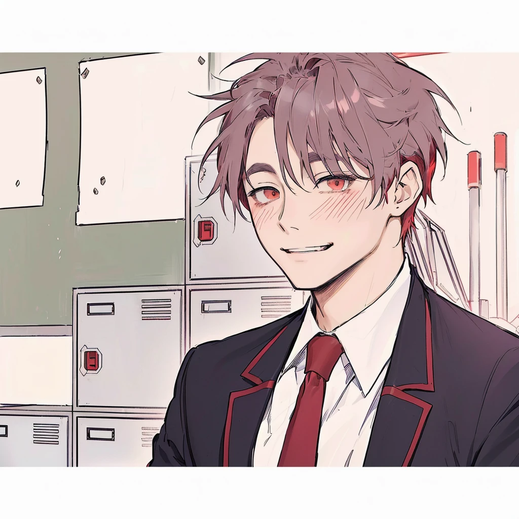 anime image of a man in a suit and tie standing in front of a wall, with a pouting smile, anime handsome man, looking smug, ((red)) baggy eyes, inspired by Bian Shoumin, looking to his side, his eyes are bleeding intense, [[[[grinning evily]]]], slightly smiling, in an anime style