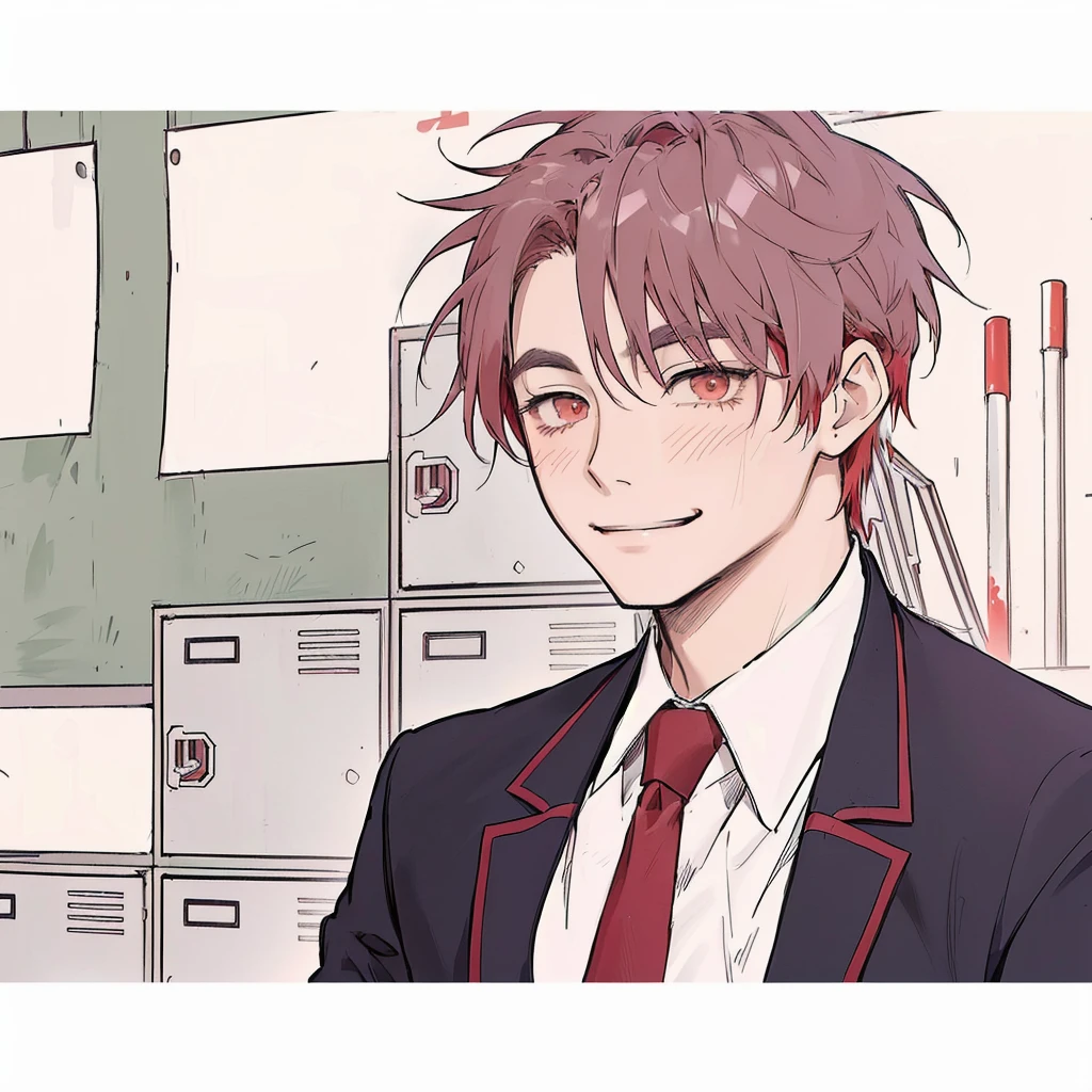 anime image of a man in a suit and tie standing in front of a wall, with a pouting smile, anime handsome man, looking smug, ((red)) baggy eyes, inspired by Bian Shoumin, looking to his side, his eyes are bleeding intense, [[[[grinning evily]]]], slightly smiling, in an anime style