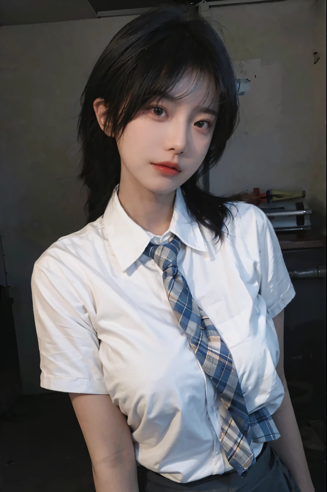 Best quality,masterpiece,ultra high res,(photorealistic:1.4),1girl,sexy,(shirt and tie:1.2),(large breast:1.3),(upper body:1.4)