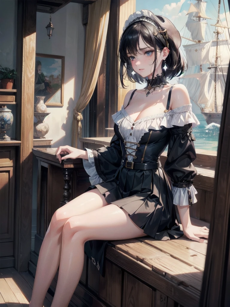 absurdres, RAW photo, extremely delicate and beautiful, masterpiece, Best Quality, ultra high resolution, 32k, hyperrealistic, ultra-detailed, delicate facial features, beautiful detailed woman, tearful mole, earring, medium breasts, full body shot, medium hair, black hair, Legendary Pirate, blouse, short skirt, off shoulder, Eroded Coastline,