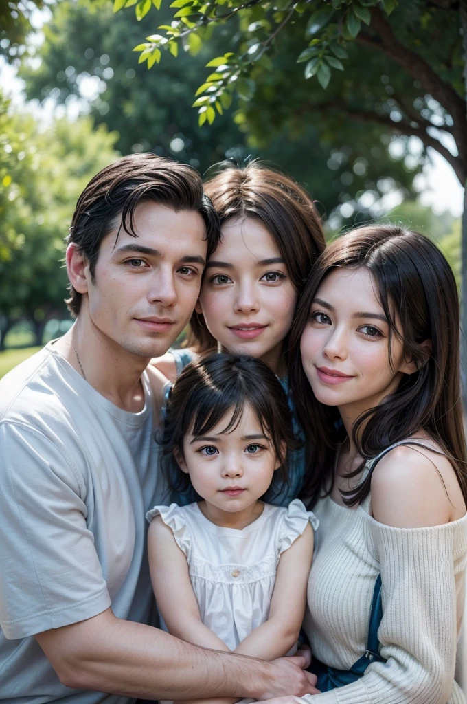 Description: Please generate a realistic image featuring a complete family consisting of a man and a woman who love each other and their two children. They should look very happy and joyful. The family should have a middle-class, Italo-Argentinian appearance and should be in the background of the image. The background should show a park on a sunny day and should be well appreciated. Ensure there is good lighting.

Colors: Use the following color palette:

Light Blue: #69CDFA
White
Additional Details:

Ensure the family members appear joyful and affectionate towards each other.
The scene should be detailed and visually appealing, capturing the warmth and happiness of the family.
The background should depict a park on a sunny day and should be well appreciated.
The overall image should be realistic, visually appealing, and refined.
The family should have the appearance of Argentine-Europeans, specifically Italo-Argentinians.
Take your time to ensure the image is highly detailed and well-crafted.