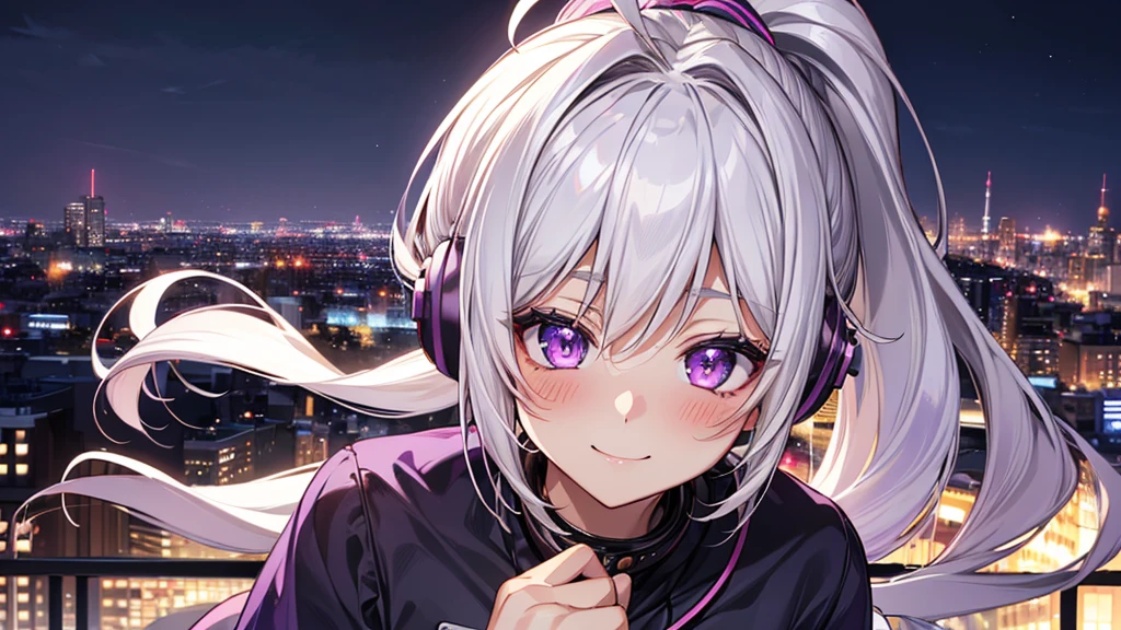 ((Highest quality,High resolution,1080P, 4K)),(silver hair, ahoge, ponytail, purple eyes),(20-year-old,cute),(Headphones),light smile, blush,anime, anime style,(Delicate night view of the city)