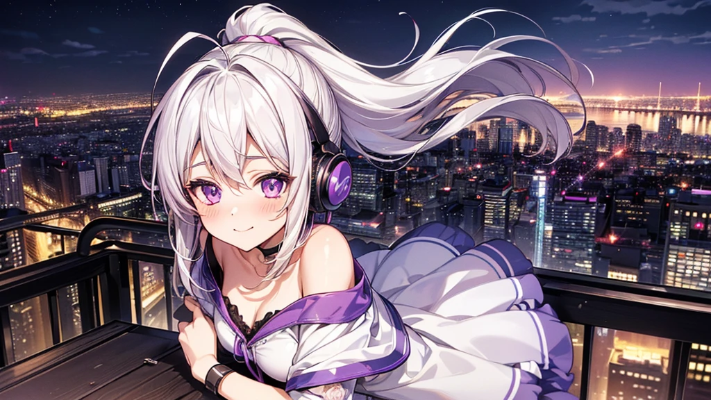 ((Highest quality,High resolution,1080P, 4K)),(silver hair, ahoge, ponytail, purple eyes),(20-year-old,cute),(Headphones),light smile, blush,anime, anime style,(Delicate night view of the city)