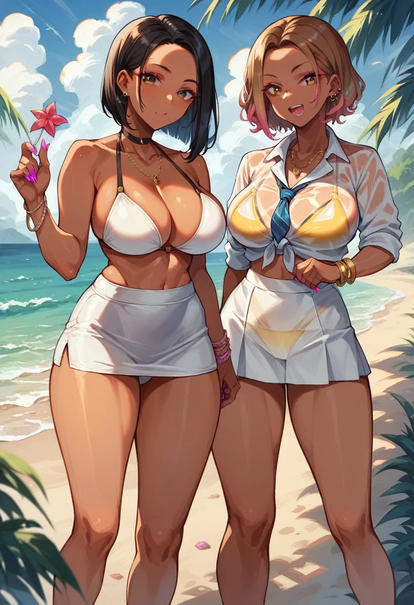 ((sfw)),masterpiece,ultra detailed,photo,gleaming skin,tanned skin,((group shot of 3 tanned skin women)),thick eyeleiner,huge areola,laughing, ((curvy gyarus squatting on the beach)),22 years old,gigantic breasts,bikini,pale pubic hair,erectile nipple,