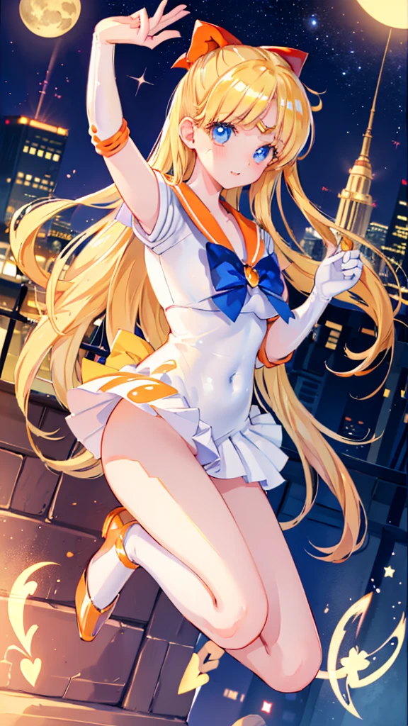 1boy and 1girl, Angle from the front, Angle from below:1.8, (Moonlit night)、(On the roof of a building)、thighs、(shiny White skin:1.6)、blue eyes, ((Slim figure)), (12 years old girl), (evil grin), (Shiny blonde hair)、Long hair, (forehead), Blue ribbon on chest, Big red ribbon, ((Sailor Venus))、Sailor suit、Orange pleated mini skirt、touching penis, ((kicking)), 1penis, under hair, scrotum、((eject cum)), (One leg raised)、((Amazon Position)), (The boy has his legs open)、