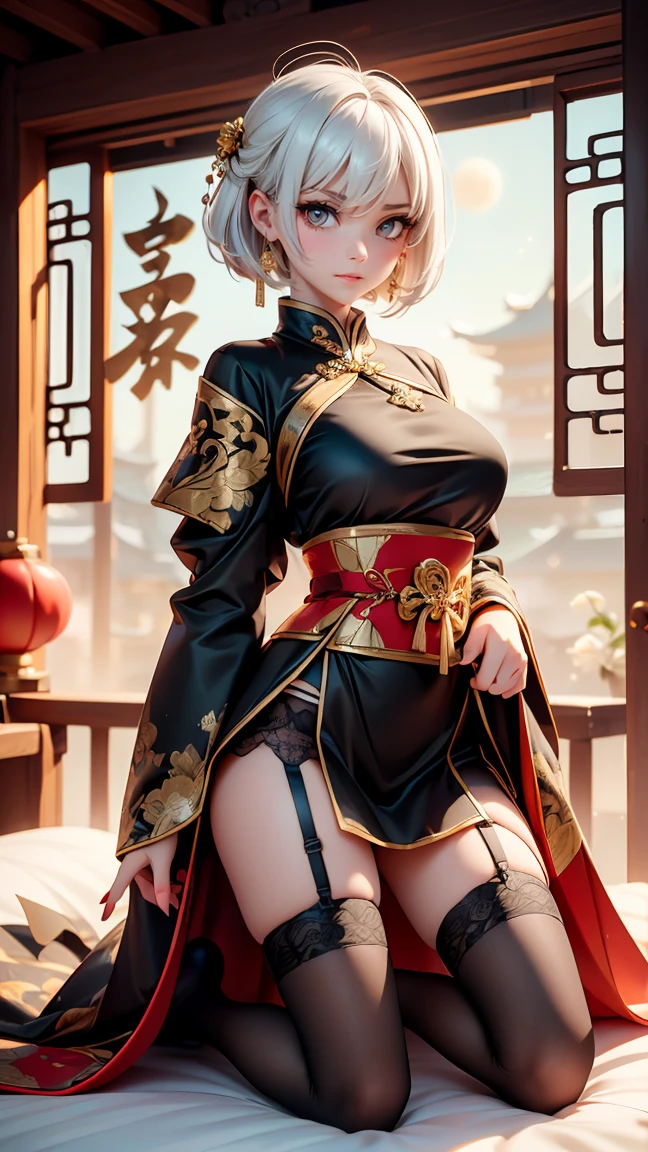 A very beautiful woman 19 years old, white hair, bob hair, short hair, yellow eyes, Glowing gold Eyes, red nails, beautiful young face. muscled body, slim but well proportioned. perfect white skin, very detailed drawing, lifelike face. Wearing traditional Chinese imperial clothing in black with gold stripes, red skirt with gold stripes, with red Hanafuda earrings, garterbelt long black socks. Kneeling on a white bed in an ancient Chinese room, with a full moon and stars in the window in the background, with flashes of light reflecting on the body. Art 4k anime, perfect lighting.
