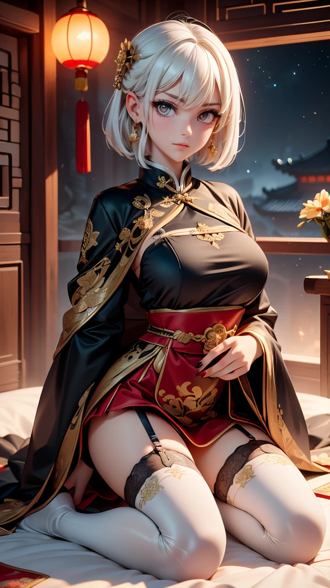A very beautiful 19 year old woman, ((white hair)), bob haircut, shorth hair, ((big yellow eyes:1,2)) ((light light golden eyes:0,3)) ((Glowing gold Eyes:0,3)) red nails, young and beautiful face, brawny, slim body, but well proportioned, perfect white skin, high detailed drawing, lifelike face. (((Wearing traditional Chinese imperial clothing, black with gold decorations:1,5))) ((black clothes with gold details:0,5)) ((black cloak with golden decorations:0,5)) ((black dress with gold details,)) (((red skirt com detalhes dourados:1,5))) ((red skirt with gold details:0,5)) ((red skirt:0,3)) ((with red Hanafuda earrings:0,5)) ((black garter belt with thigh high stockings:0,3)) Kneeling on a white bed in an ancient Chinese room, with full moon and stars visible through the window at night, with flashes of light reflecting off your body. 4k anime art, perfect lighting.