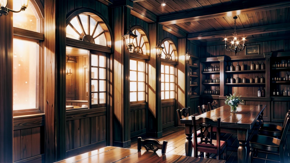 A cozy tavern in a medieval fantasy city, known as 'Night Sky Tavern', with a warm and inviting interior. The tavern is filled with wooden tables and chairs, a fireplace crackling in the corner, and shelves lined with bottles. Starry light streams through the windows, casting a magical glow. A female traveler sits at a table, enjoying a drink. She has long, dark hair, tan skin, and wears a cloak and adventurer's gear.