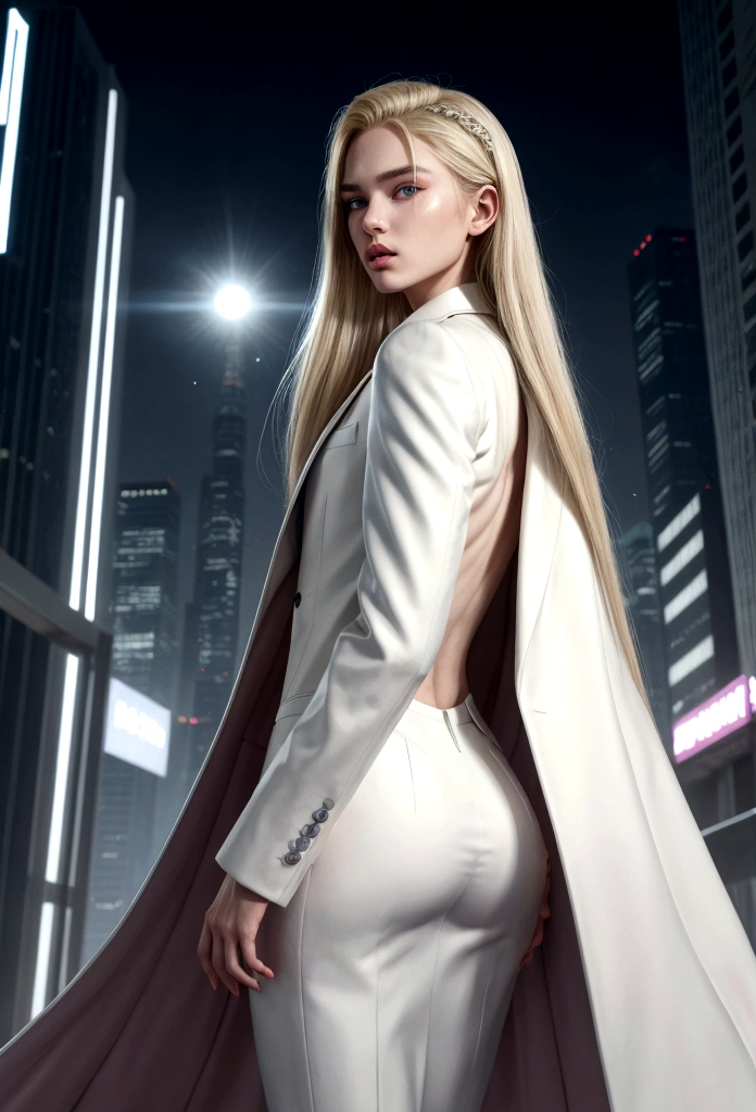 work of art, highest quallity, (standing alone focus), (face perfect:1.1), (high détail:1.1), (hyper detailed eyes), dramatic, (1 guy:0.5), (pale skin), hair long blonde, ethereal eyes, (light eyebrows), standing alone, long hair, Jordan Barrett, moonligh, natta, luxury white suit, covered navel, fleshy lips, coat, proud expression, futuristc city, detailed back ground, artwork by Artgerm, cinematic lighting, pinks, lo fashion, Balenciaga style