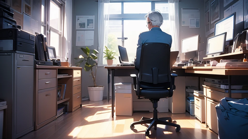 Man in his 50s Back view Design studio Mac computer Stylish office DTP Graphic Designer I'm working Gray Hair Back view Computer work Small face Man in his 50s work Don't show your face only the back I don't wear glasses Chubby 27 inch monitor keyboard mouse Hand Right behind The work desk is up