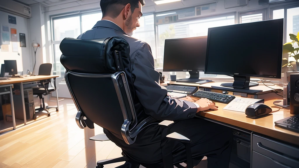 Man in his 50s Back view Design studio Mac computer Stylish office DTP Graphic Designer I'm working Gray Hair Back view Computer work Small face Man in his 50s work Don't show your face only the back I don't wear glasses Chubby 27 inch monitor keyboard mouse Hand Right behind The work desk is up