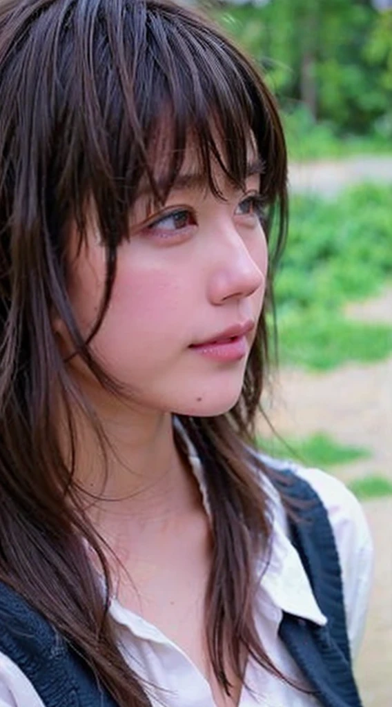 ((Highest quality, 8K, masterpiece: 1.3)), sharp: 1.2, Perfect Body Beauty: 1.4, Slim Abs: 1.2, ((Layered Hairstyles, Big Breasts: 1.2)), (濡れた White Button Long Shirt: 1.1), (nude: 1.2), Face close-up: 1.5, Highly detailed face and skin texture, Beautiful Eyes, double eyelid, Side view of the camera