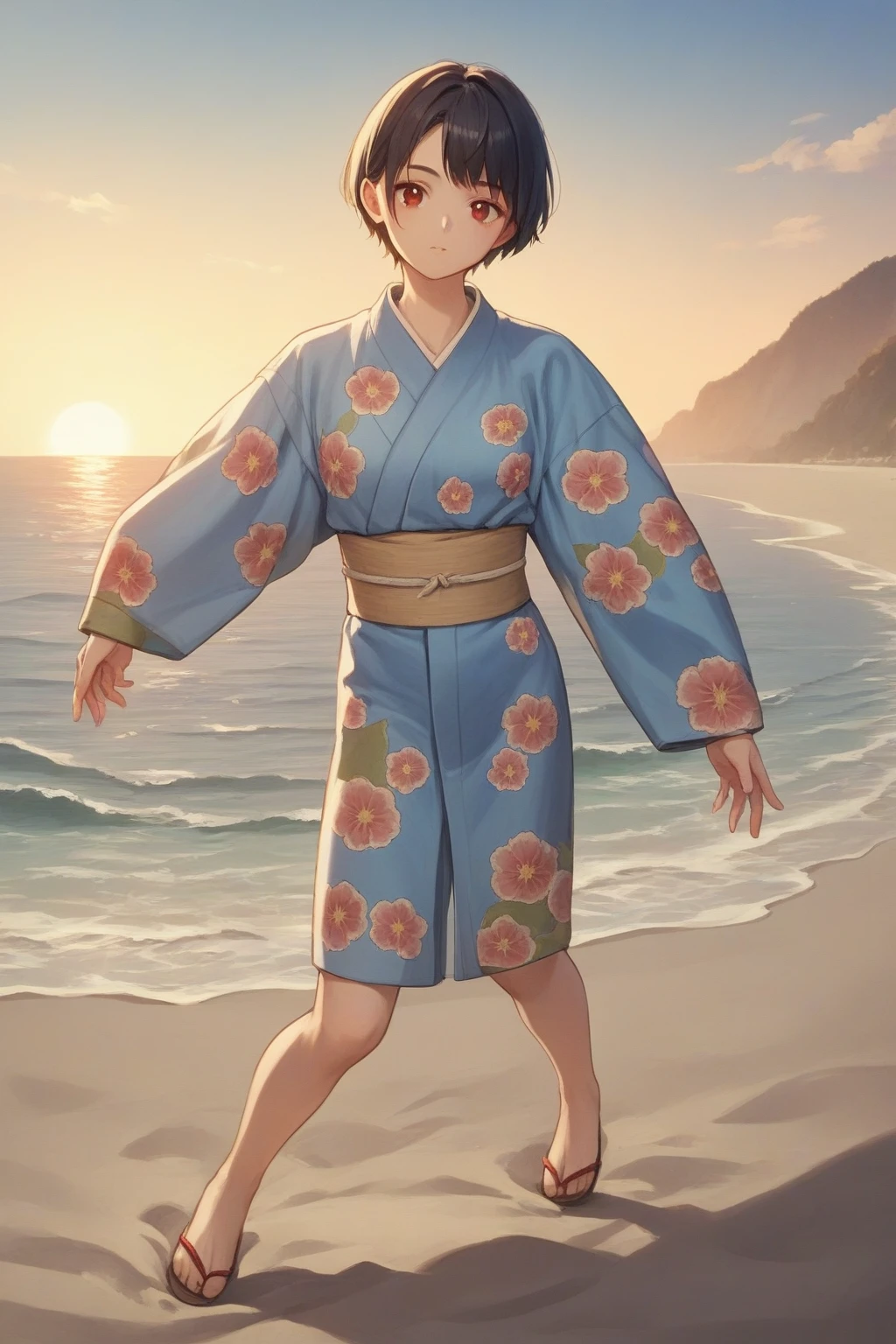 score_9, score_8_up, score_7_up, score_6_up, score_5_up, score_4_up, BREAK source_anime, 1girl, looking at viewer, short hair, red eyes, blue kimono, floral print, long sleeves, outside, sand, water, sky
