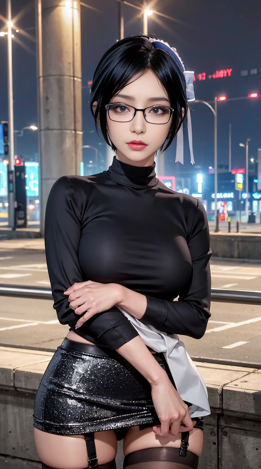 4K quality、The best high quality masterpiece、Punk girl wearing thin silver glasses and a black shirt, (heavy makeup), Blurred city background at sunrise, short hair, detailed face, high quality, High resolution、(full shot:1.8), big breastini skirt、garter belt and black stockings