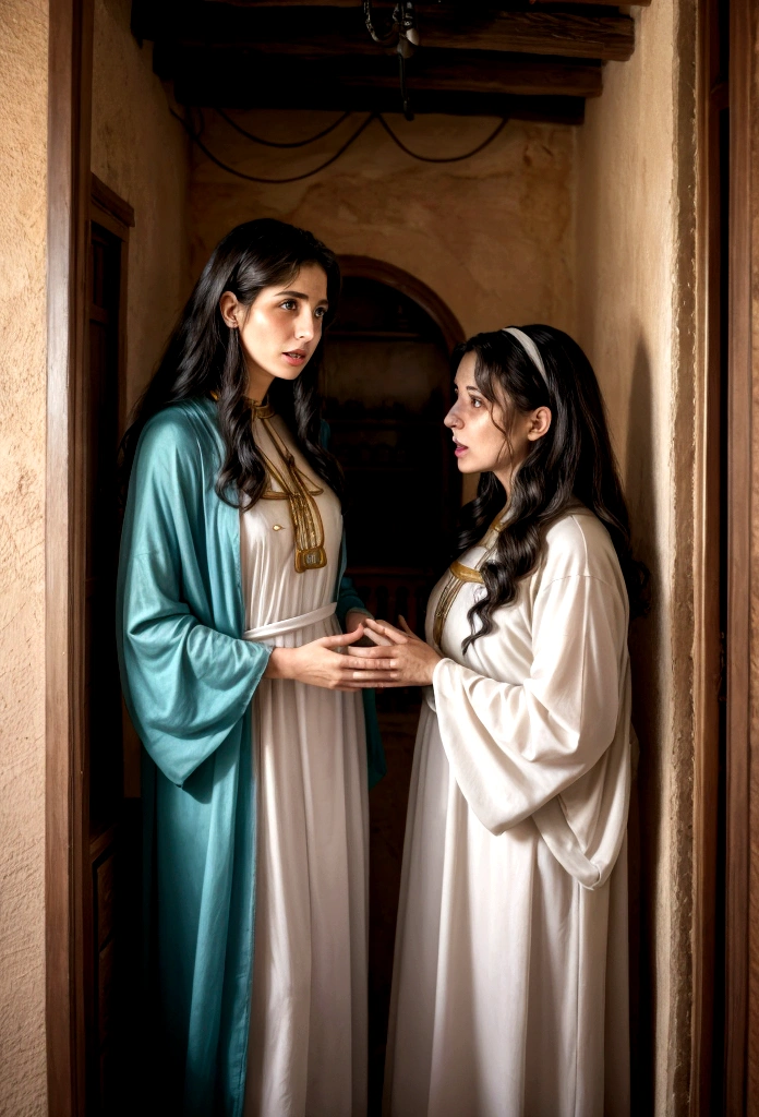 two Israeli women talking in a house, with costumes from the time of Jesus.