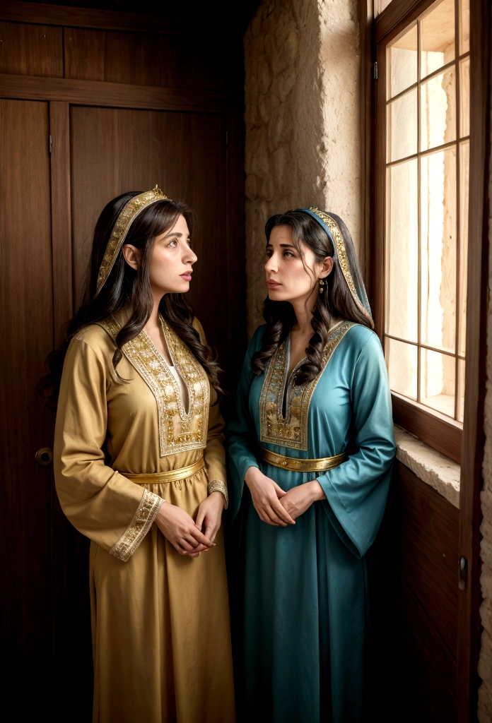 two Israeli women talking in a house, with costumes from the time of Jesus.