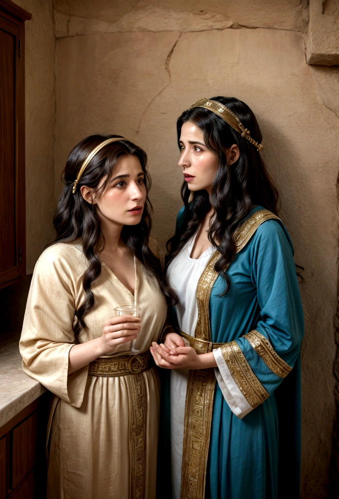 two Israeli women talking in a house, with costumes from the time of Jesus.