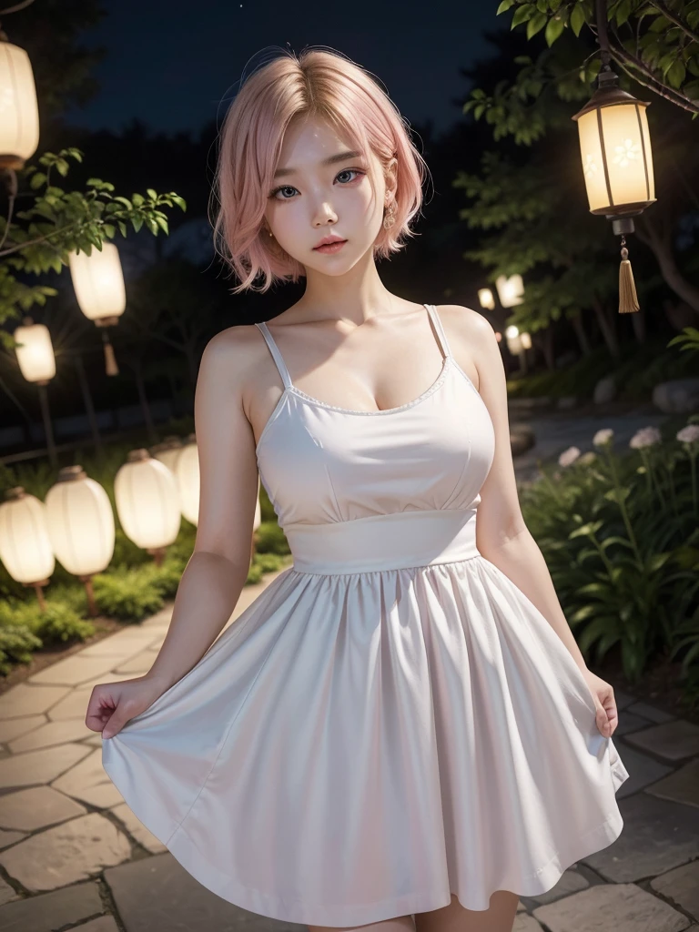 In manhwa art style young Korean woman 28s. Her hair is short at shoulder in a blonde pink colors. Her face is slightly shorter than it is long, which carry a warm , expressive face. Her skin is radiant and clear, and her curved lips. Large blue eyes are expressive and captivating. Her natural body and defined made up of proportional curves. She is wearing a white dress while the light of the lanterns in the botan garden at night illuminates the flowers