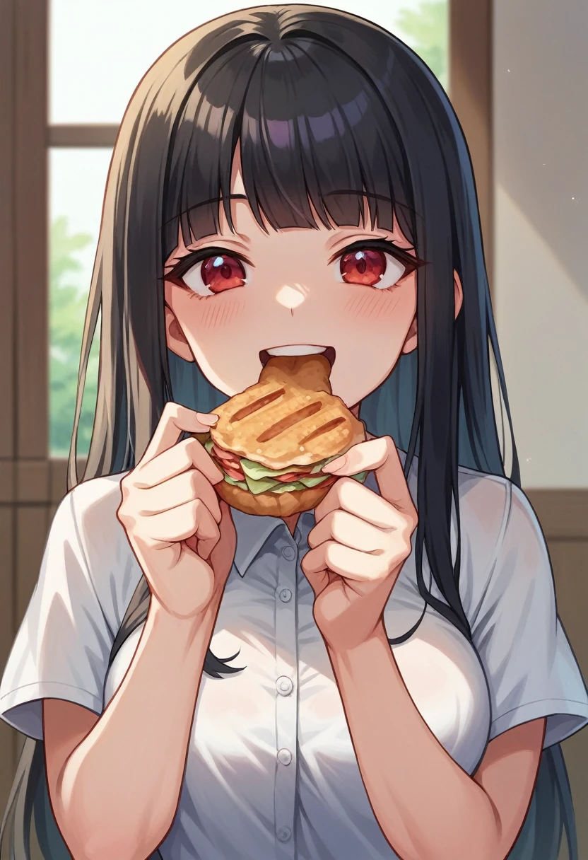 (eating style) (solo:2, 18 yo straight black hair long hair cool dominance girl, sexy red eyes, cute open mouth, Eating natto in mouth, happy smile, big tits), (in a summer school blouse), break, in the livingroom, BREAK, perfect anatomy, masterpiece, best quality, 16k, beautiful detailed grow, daydreaming expression.