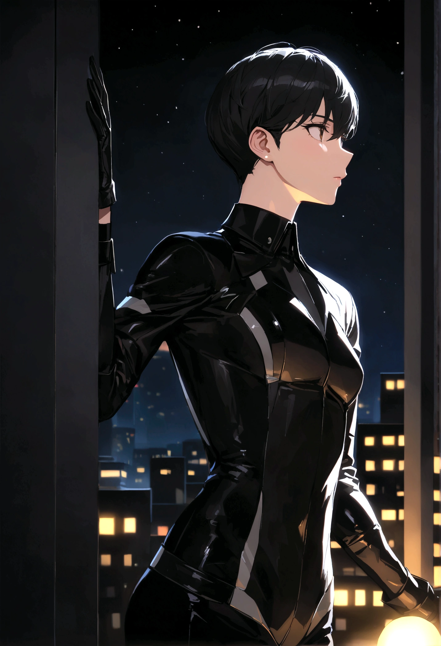 Swift a black american speedster with green and black costume, looking at something, night time