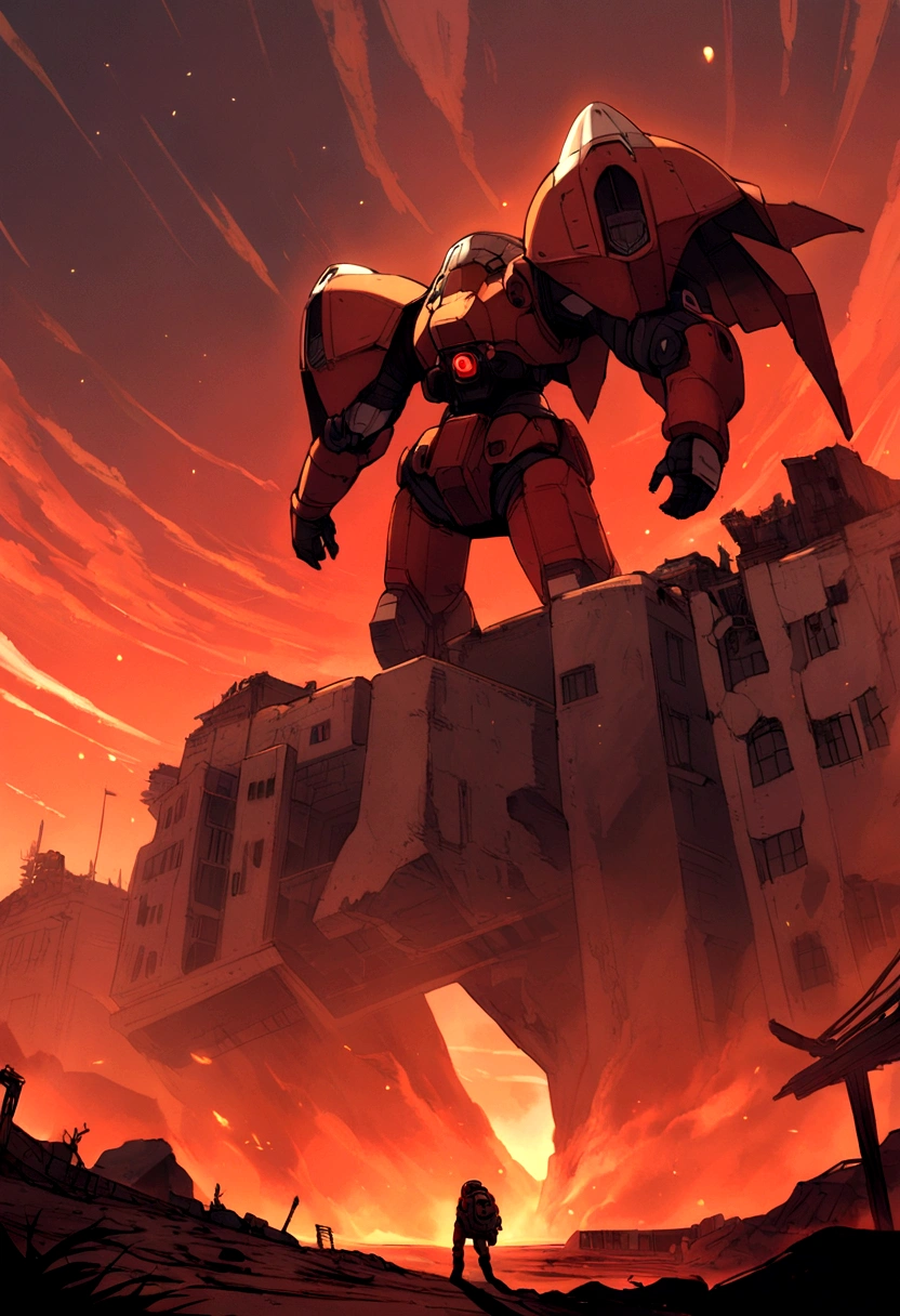 spaceships、Katsuhiro Otomo's painting style、desolate star々、Red burnt sky、Destroyed buildingan looking for space suit、Giant Fighter