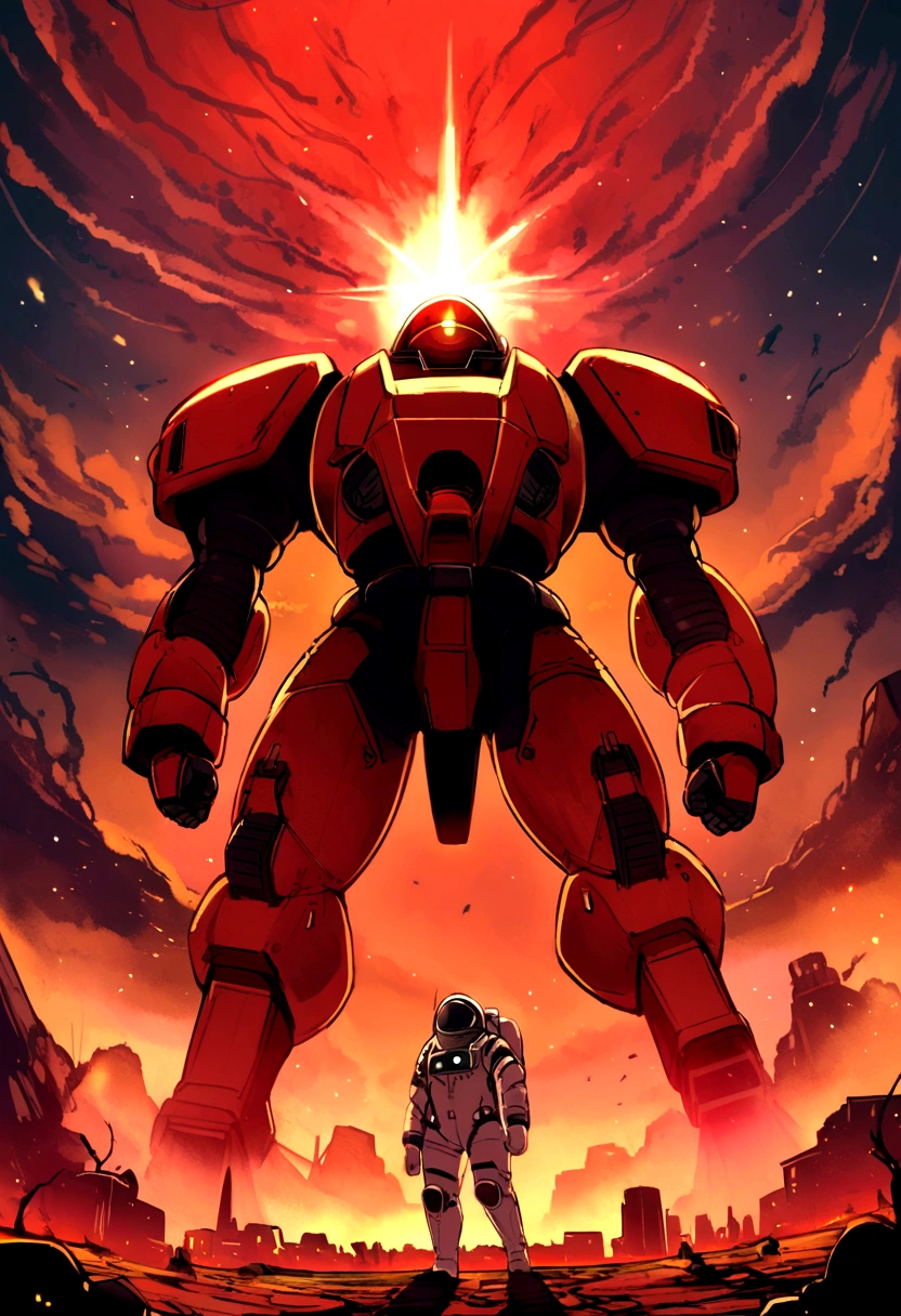 spaceships、Katsuhiro Otomo's painting style、desolate star々、Red burnt sky、Destroyed buildingan looking for space suit、Giant Fighter