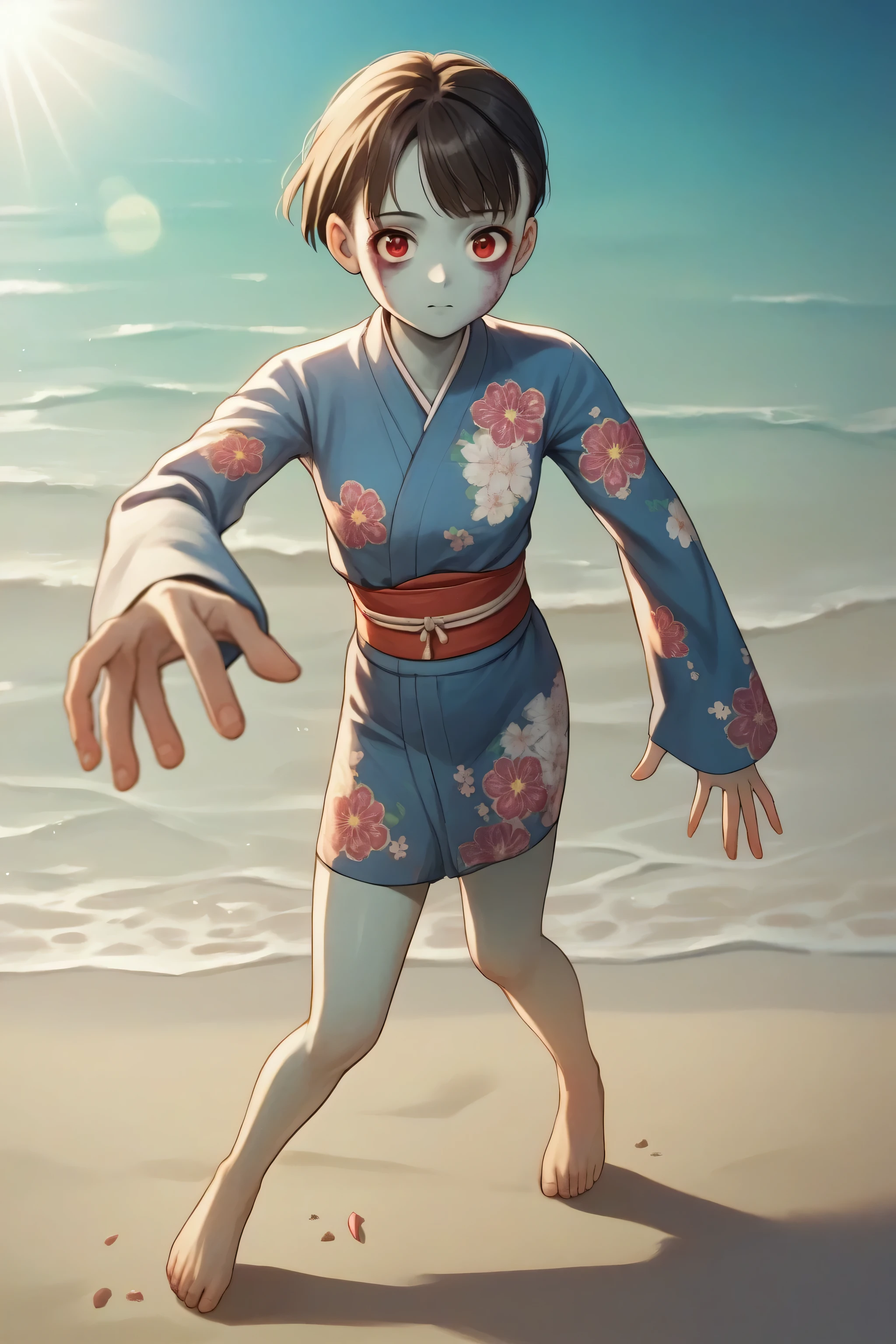 score_9, score_8_up, score_7_up, score_6_up, score_5_up, score_4_up, BREAK source_anime, 1girl, looking at viewer, short hair, red eyes, blue kimono, floral print, long sleeves, outside, sand, water, sky