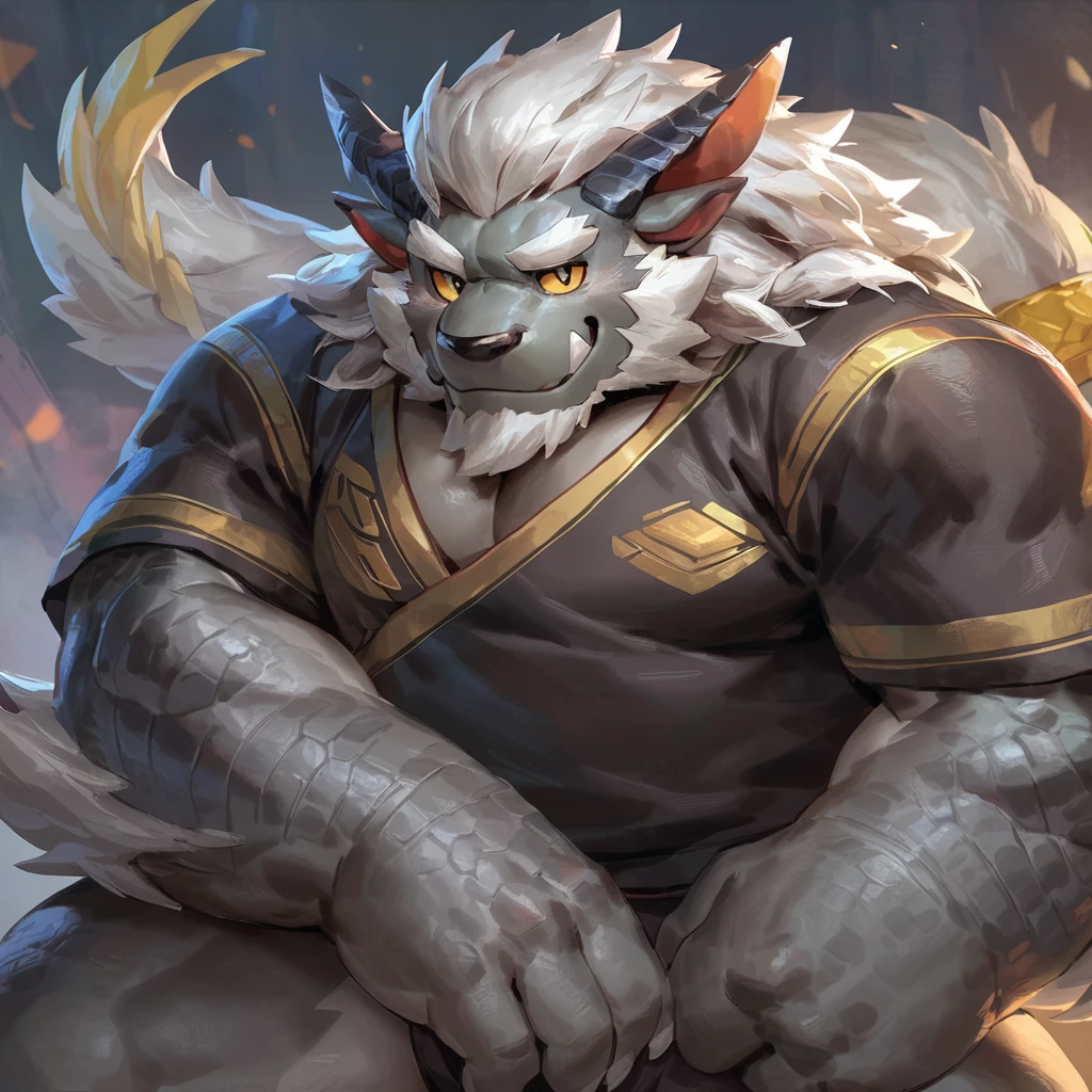 (artist: gamma_g, lindong, null-ghost, dangpa) 1male, sfw, eastern dragon, , bara, one fluffy tail, old man, fluffy mane, , grey body, white hair, background, solo, scales, detailed scales, golden decals, everyday clothes, sharp short ears, yellow iris, white sclera, big eyes, white beard, white mustache, sharp iris, thick thighs, muscular legs, veiny, fluffy hair, detailed face:2.0, one tail, masterpiece:2.0, sharp fang, perfect eyes, smug, chest fluff