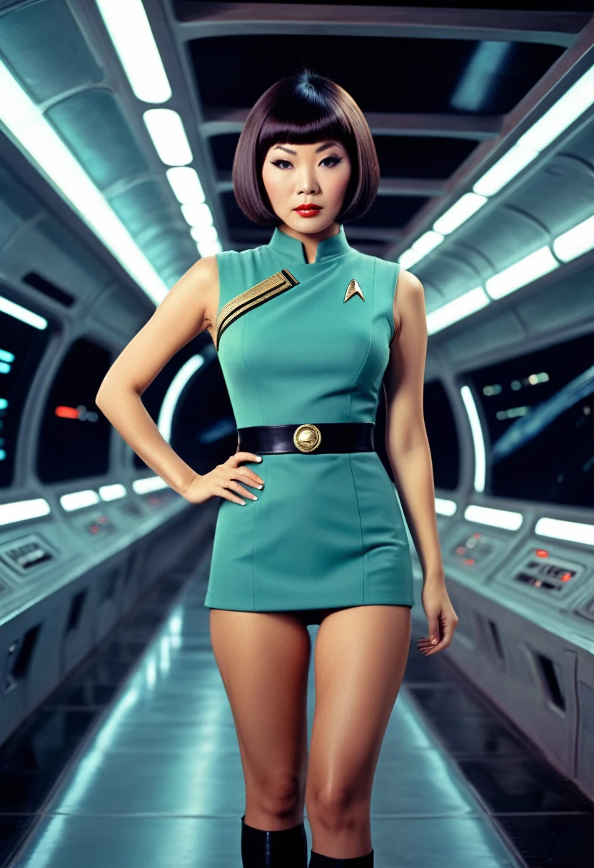 ((wearing star trek original series 60s/70s one piece sexist sexy short mini dress) (bridge crew uniform )) (asian-european, half-asian crew member with bob haircut and slim figure) ((in the style of a retro-futuristic, retro-scifi film set, pulp scifi book cover) ((in the style of a movie, soft focus, cinematic, pulp, film grain)