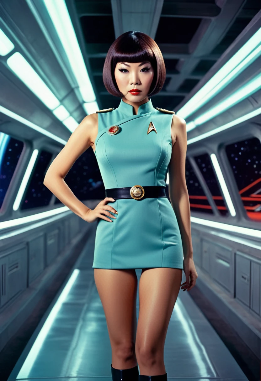 ((wearing star trek original series 60s/70s one piece sexist sexy short mini dress) (bridge crew uniform )) (asian-european, half-asian crew member with bob haircut and slim figure) ((in the style of a retro-futuristic, retro-scifi film set, pulp scifi book cover) ((in the style of a movie, soft focus, cinematic, pulp, film grain)