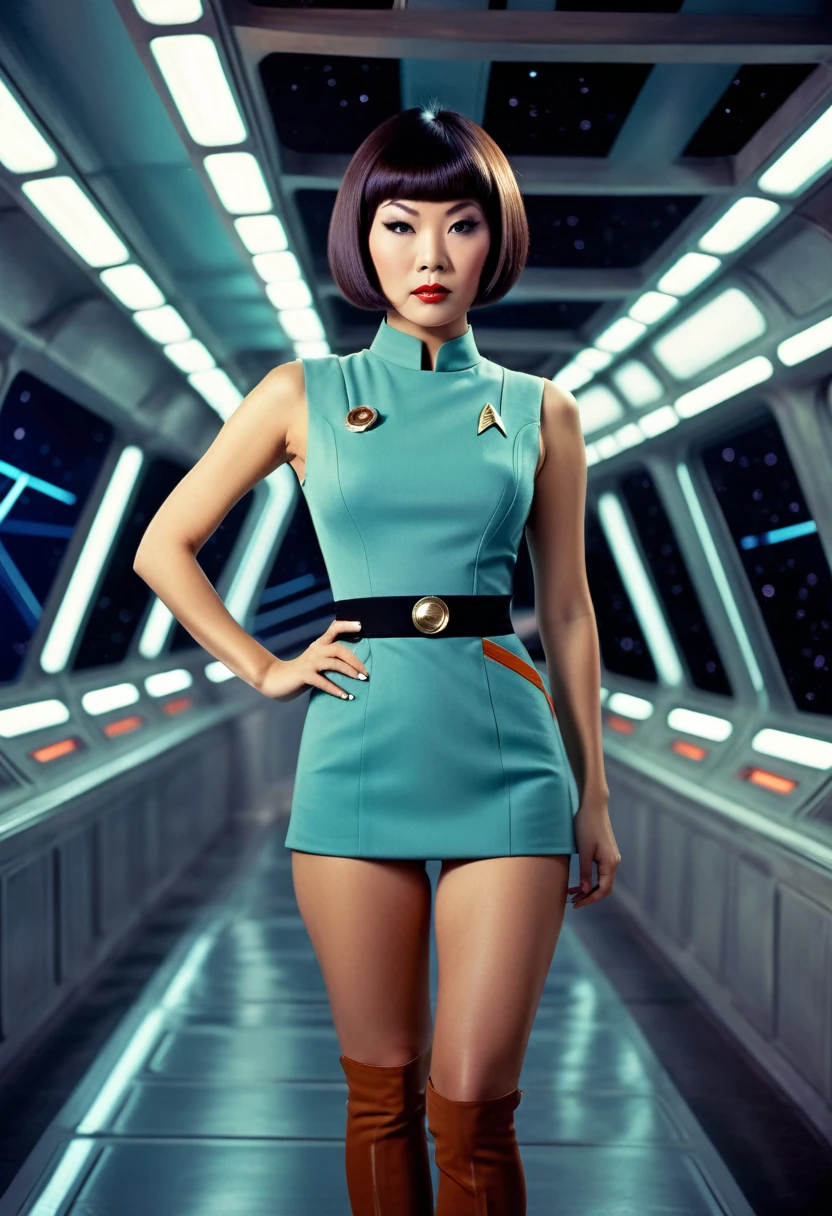 ((wearing star trek original series 60s/70s one piece sexist sexy short mini dress) (bridge crew uniform )) (asian-european, half-asian crew member with bob haircut and slim figure) ((in the style of a retro-futuristic, retro-scifi film set, pulp scifi book cover) ((in the style of a movie, soft focus, cinematic, pulp, film grain)