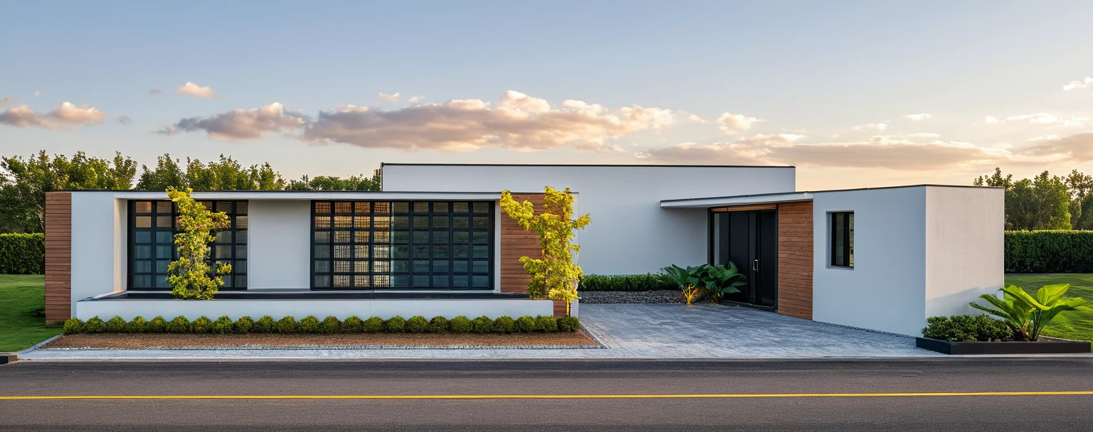 The modern gate features a sleek and minimalist design, sky, cloud, (daylight:1.1)