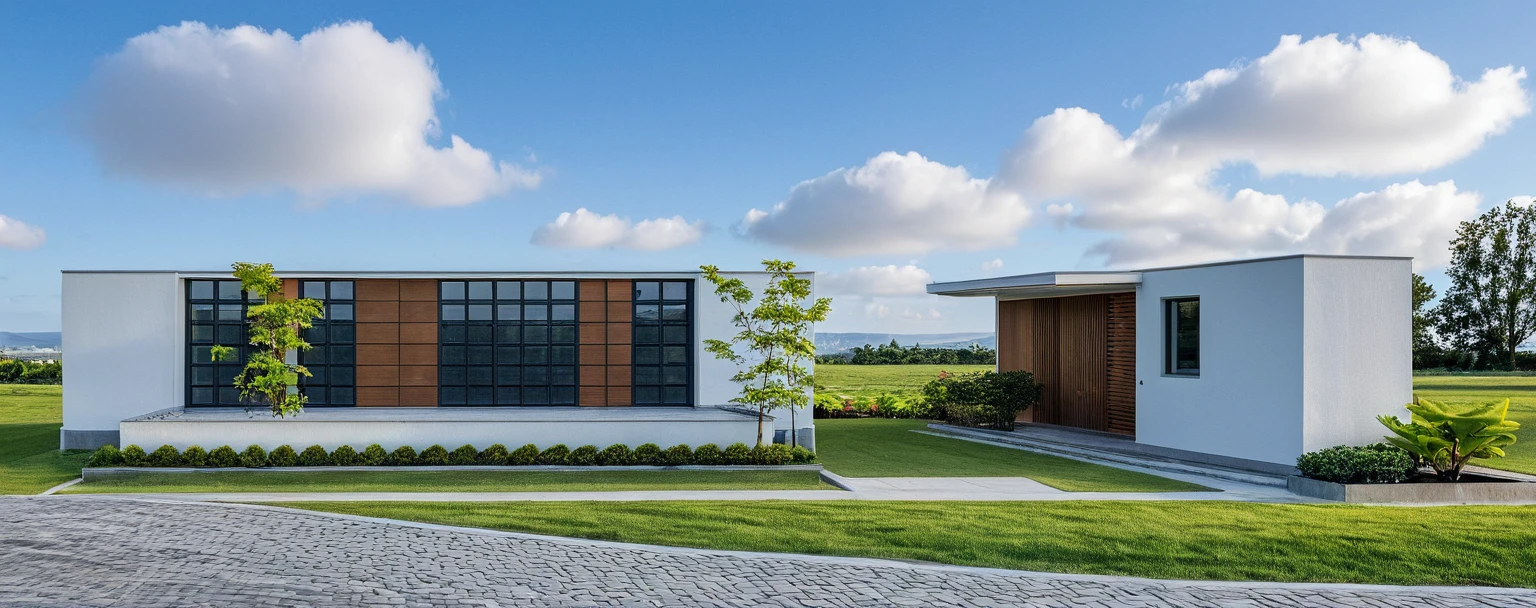 The modern gate features a sleek and minimalist design, sky, cloud, (daylight:1.1)