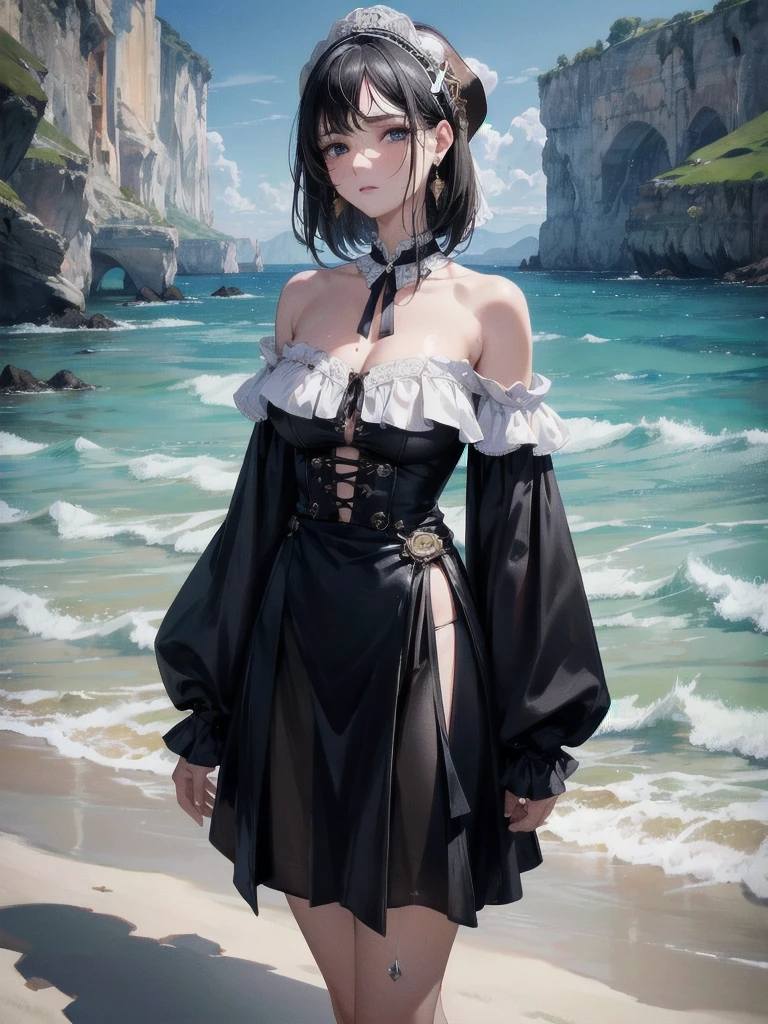 absurdres, RAW photo, extremely delicate and beautiful, masterpiece, Best Quality, ultra high resolution, 32k, hyperrealistic, ultra-detailed, delicate facial features, beautiful detailed woman, tearful mole, earring, medium breasts, full body shot, medium hair, black hair, Legendary Pirate, blouse, short skirt, off shoulder, Eroded Coastline,