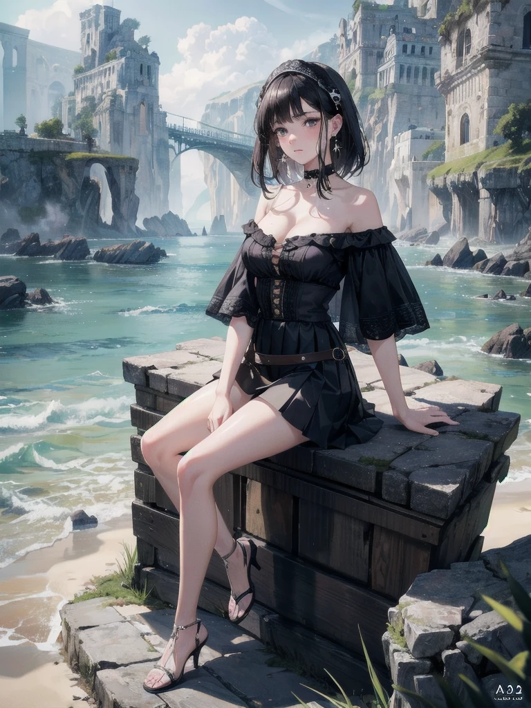 absurdres, RAW photo, extremely delicate and beautiful, masterpiece, Best Quality, ultra high resolution, 32k, hyperrealistic, ultra-detailed, delicate facial features, beautiful detailed woman, tearful mole, earring, medium breasts, full body shot, medium hair, black hair, Legendary Pirate, blouse, short skirt, off shoulder, Eroded Coastline,