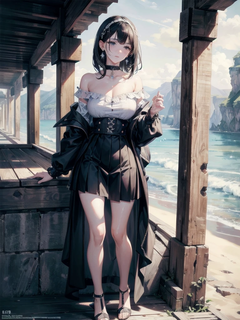 absurdres, RAW photo, extremely delicate and beautiful, masterpiece, Best Quality, ultra high resolution, 32k, hyperrealistic, ultra-detailed, delicate facial features, beautiful detailed woman, tearful mole, earring, medium breasts, full body shot, medium hair, black hair, Legendary Pirate, blouse, short skirt, off shoulder, Eroded Coastline,
